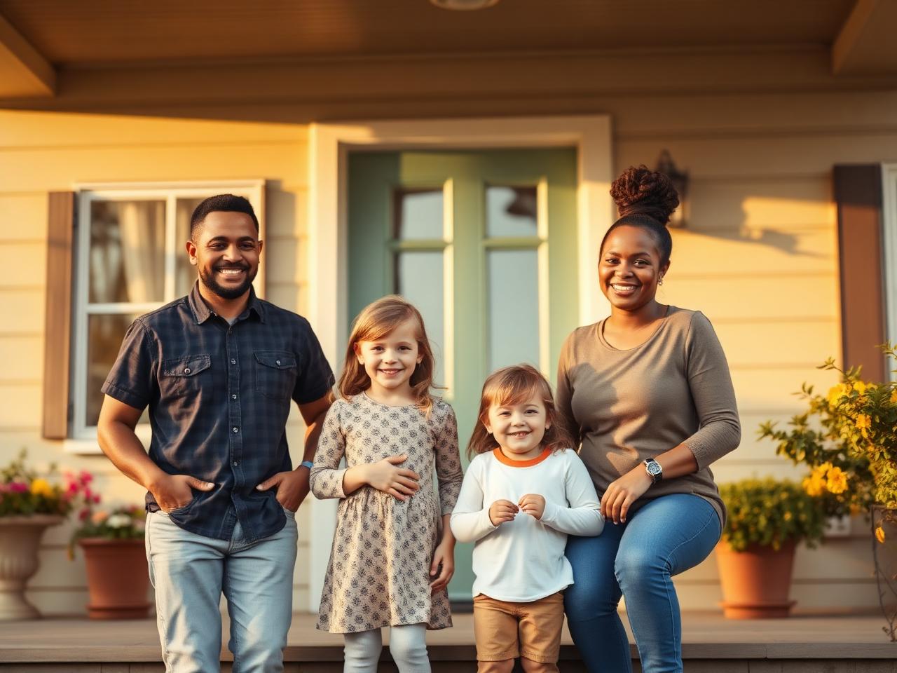 A family standing together on the front porch of their home
